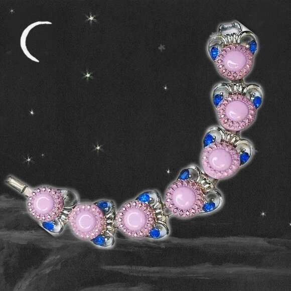 Jewelry - Pink Bracelet with Blue Rhinestone Bracelet One of a Kind Collage Art